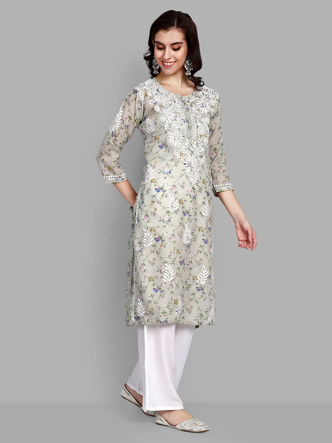 Ada Hand Embroidered Grey Cotton Floral Printed Lucknowi Chikankari Straight Kurta A411521
