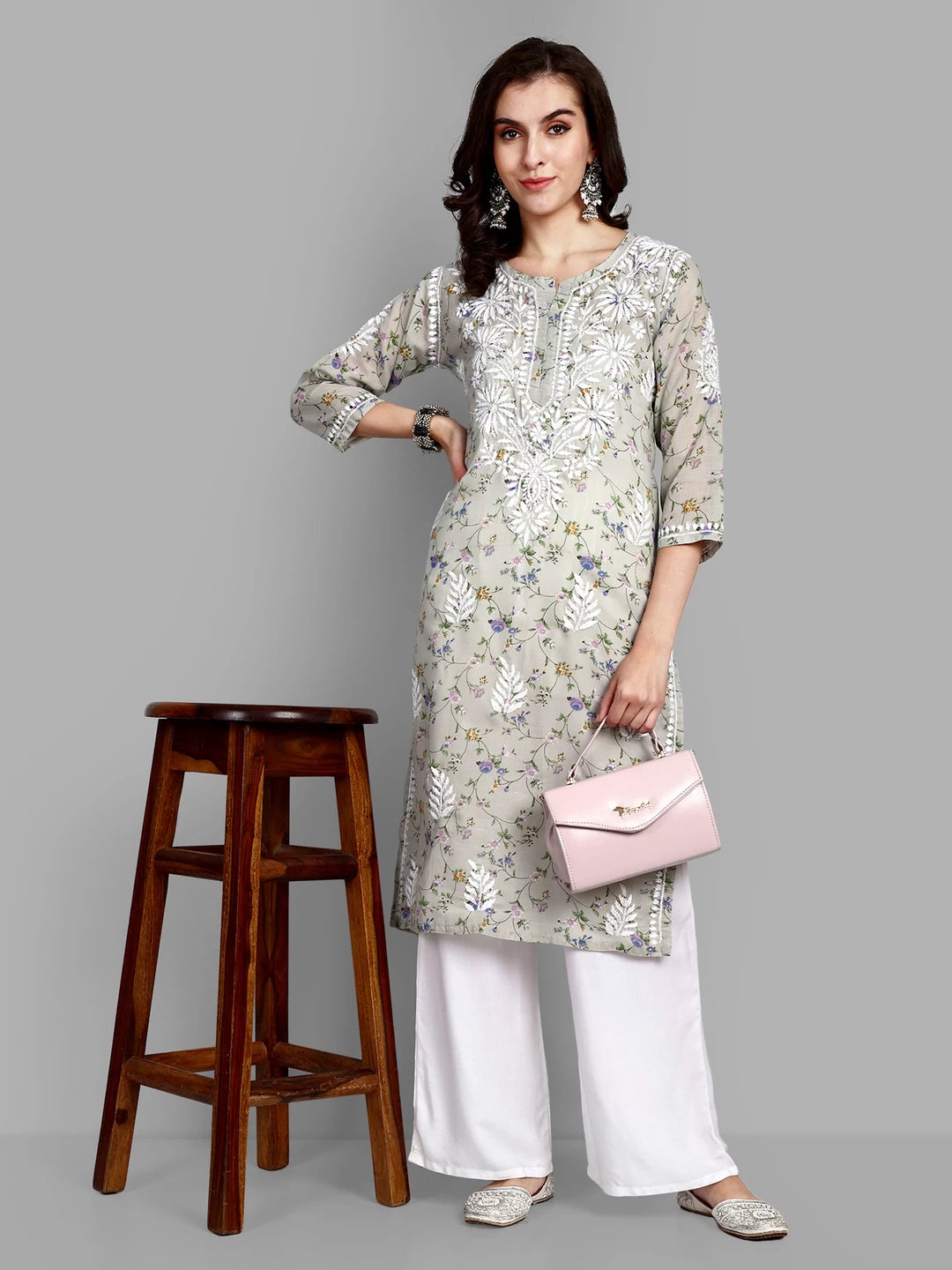 Ada Hand Embroidered Grey Cotton Floral Printed Lucknowi Chikankari Straight Kurta A411521