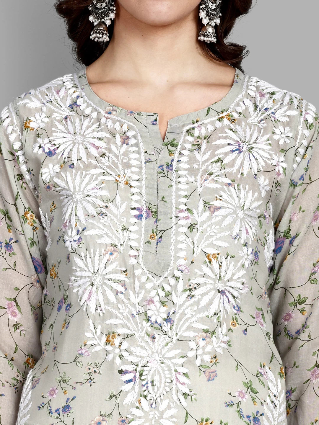 Ada Hand Embroidered Grey Cotton Floral Printed Lucknowi Chikankari Straight Kurta A411521