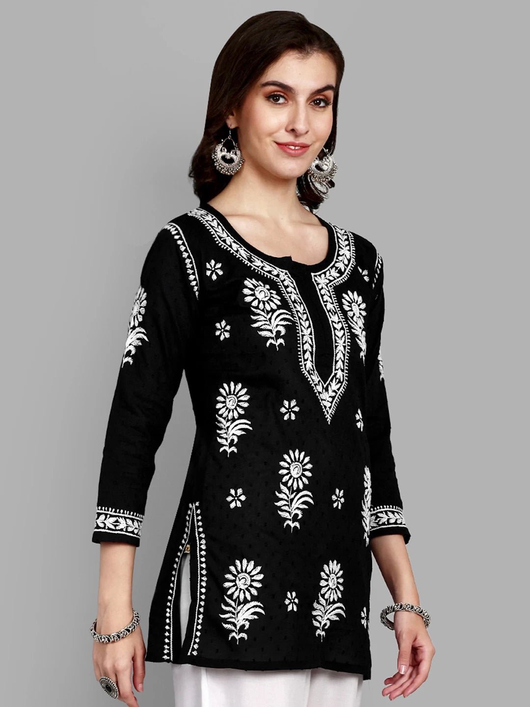 Ada Hand Embroidered Black Cotton Lucknowi Chikankari Straight Kurti A911378