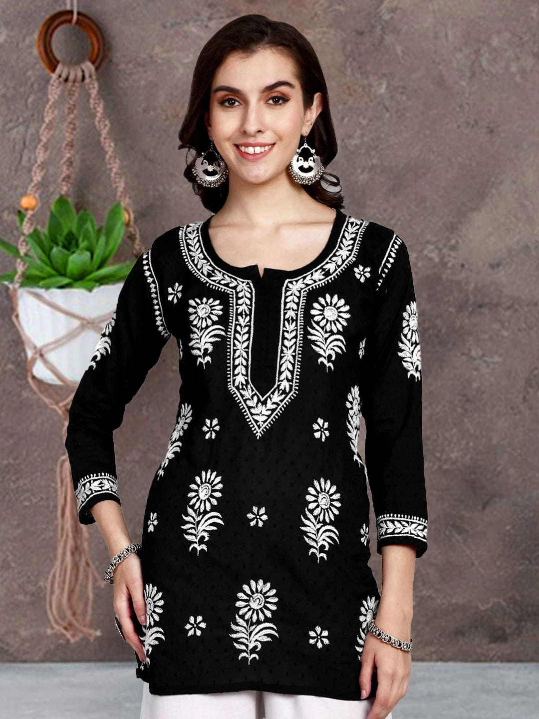 Ada Hand Embroidered Black Cotton Lucknowi Chikankari Straight Kurti A911378