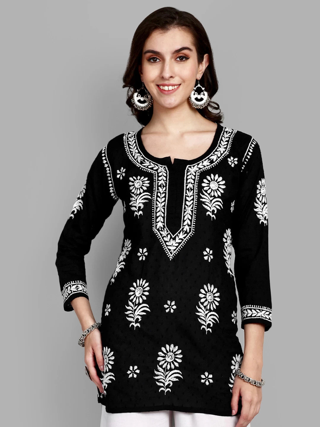 Ada Hand Embroidered Black Cotton Lucknowi Chikankari Straight Kurti A911378