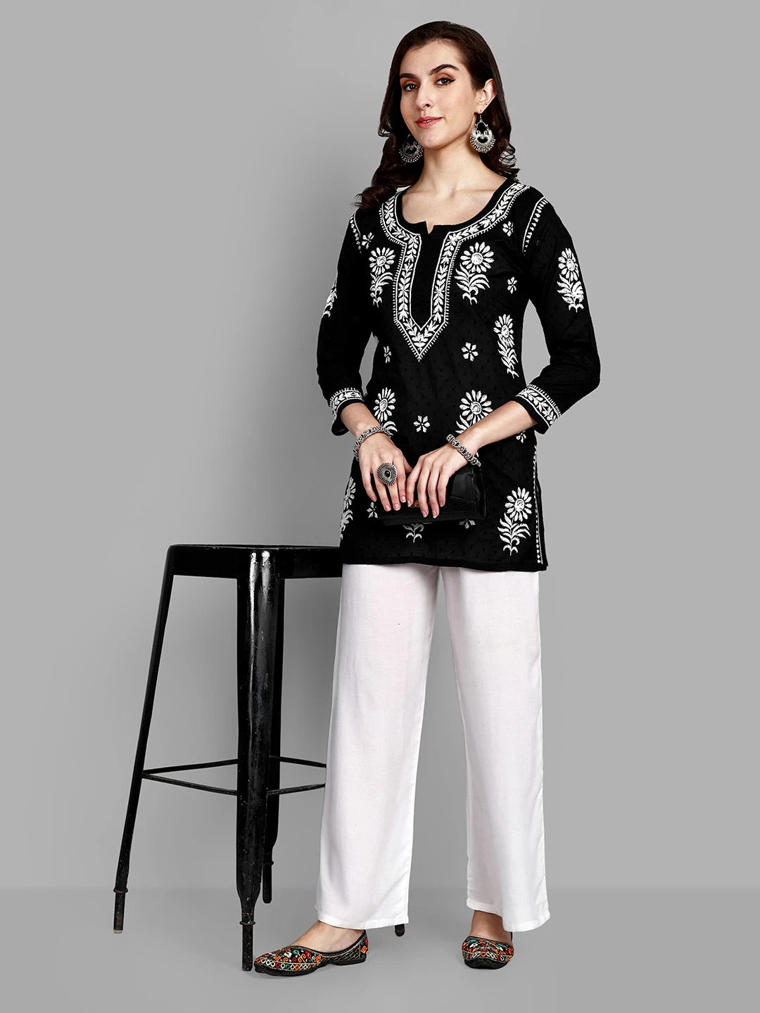 Ada Hand Embroidered Black Cotton Lucknowi Chikankari Straight Kurti A911378
