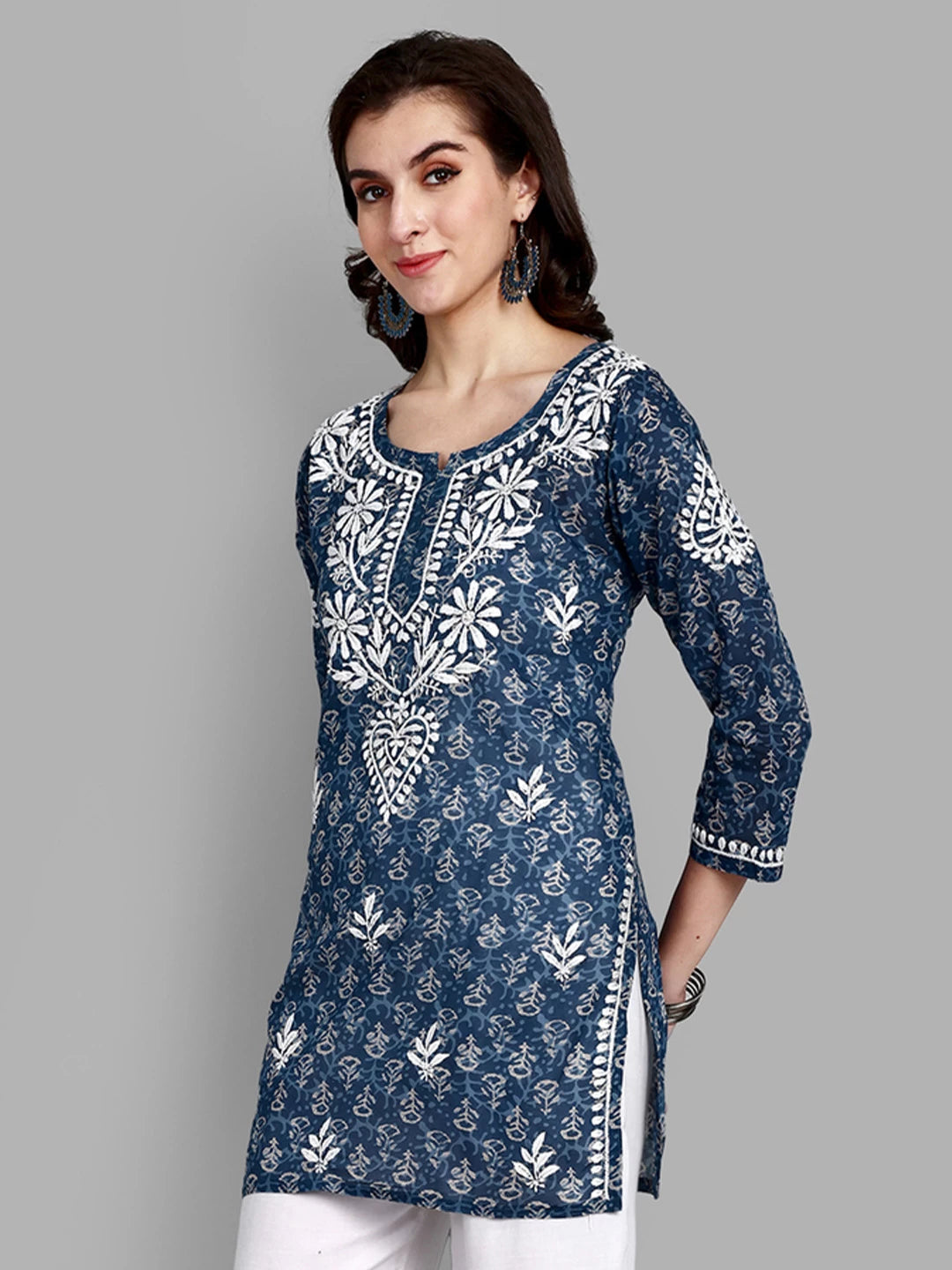 Ada Hand Embroidered Indigo Blue Cotton Lucknowi Chikankari Straight Kurti A911379