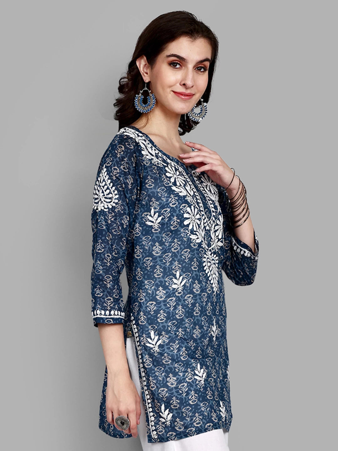 Ada Hand Embroidered Indigo Blue Cotton Lucknowi Chikankari Straight Kurti A911379