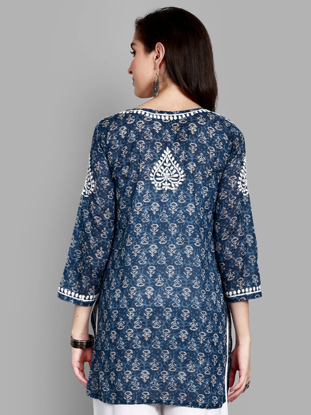 Ada Hand Embroidered Indigo Blue Cotton Lucknowi Chikankari Straight Kurti A911379