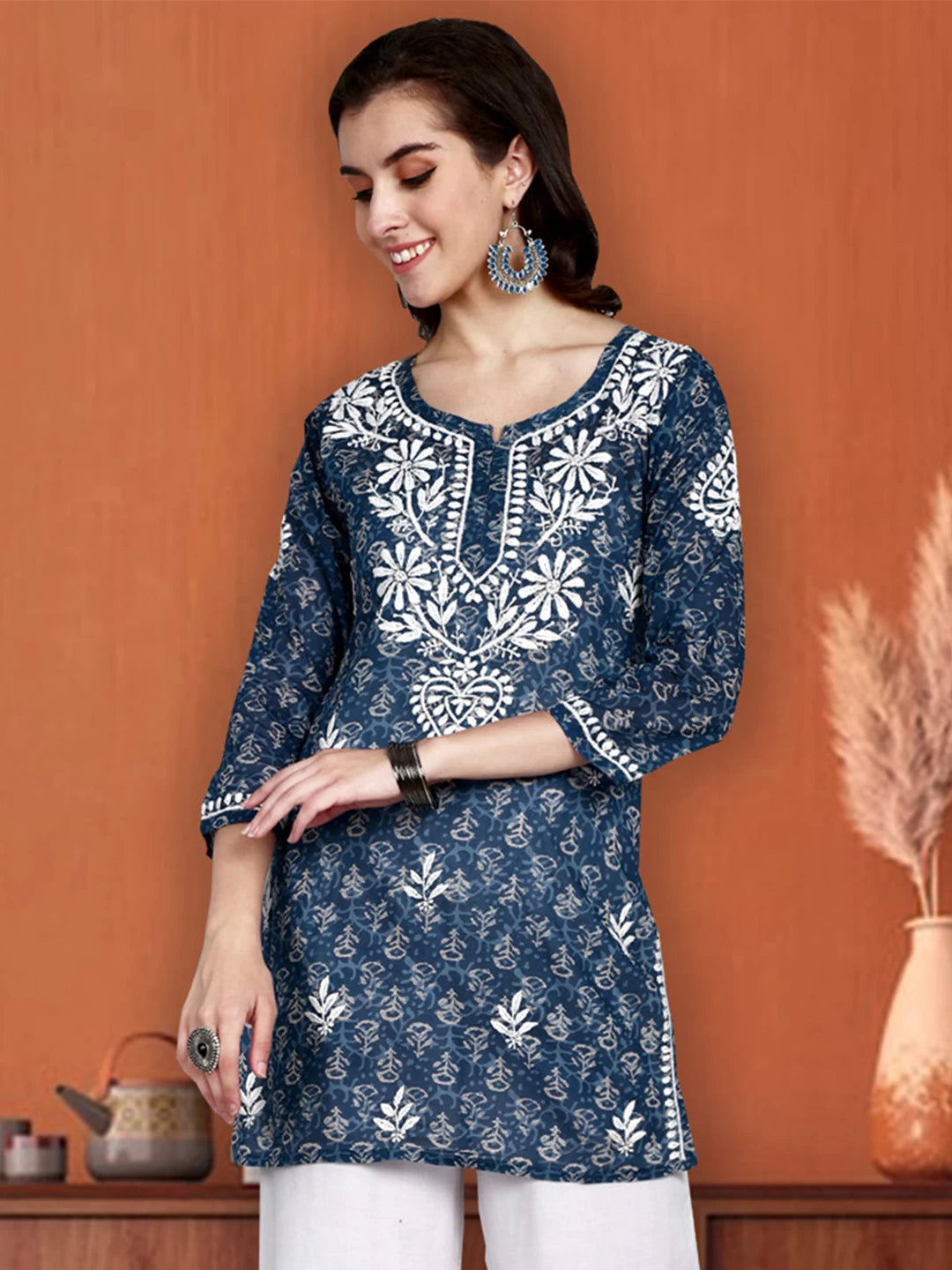 Ada Hand Embroidered Indigo Blue Cotton Lucknowi Chikankari Straight Kurti A911379