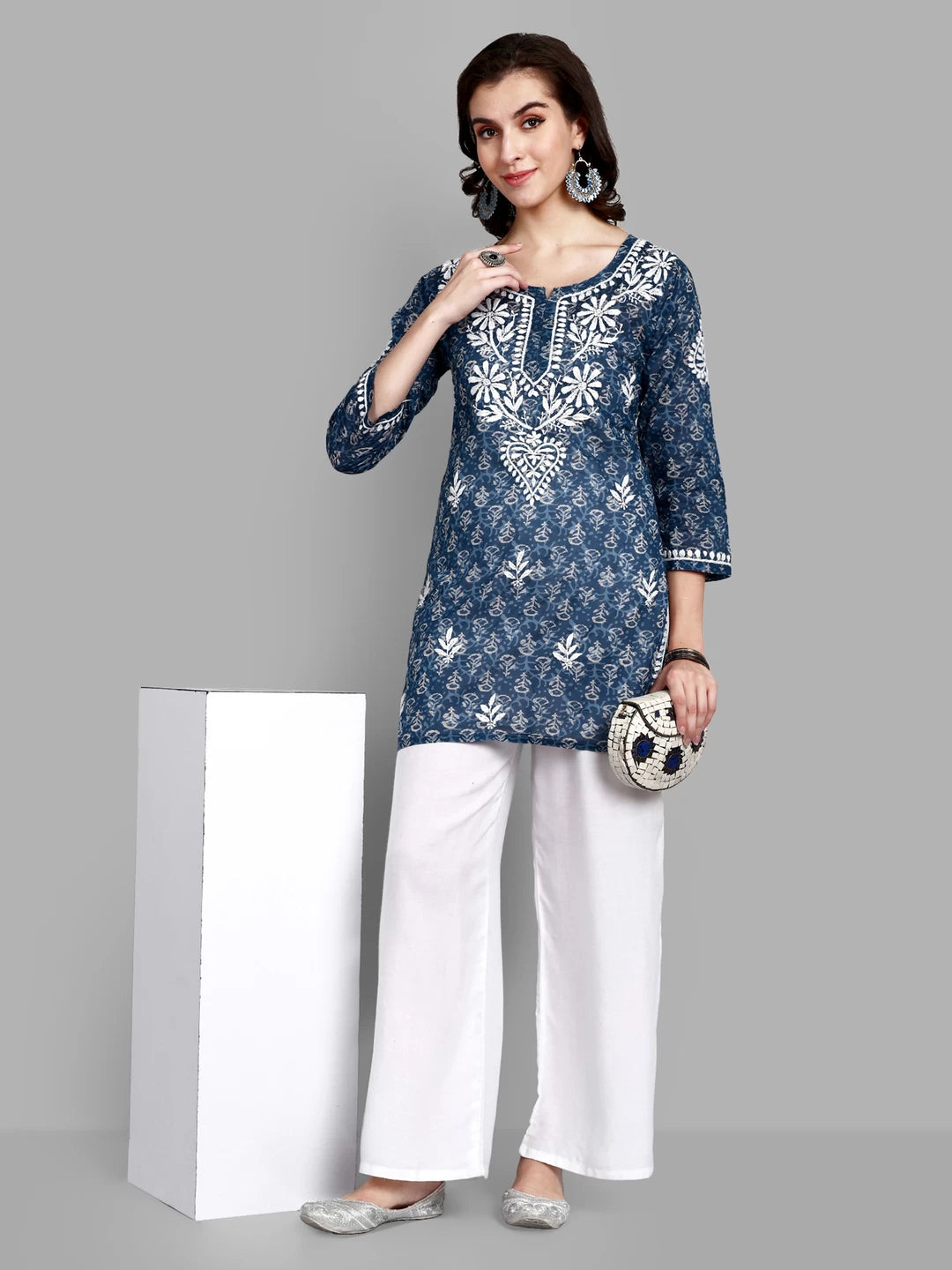 Ada Hand Embroidered Indigo Blue Cotton Lucknowi Chikankari Straight Kurti A911379