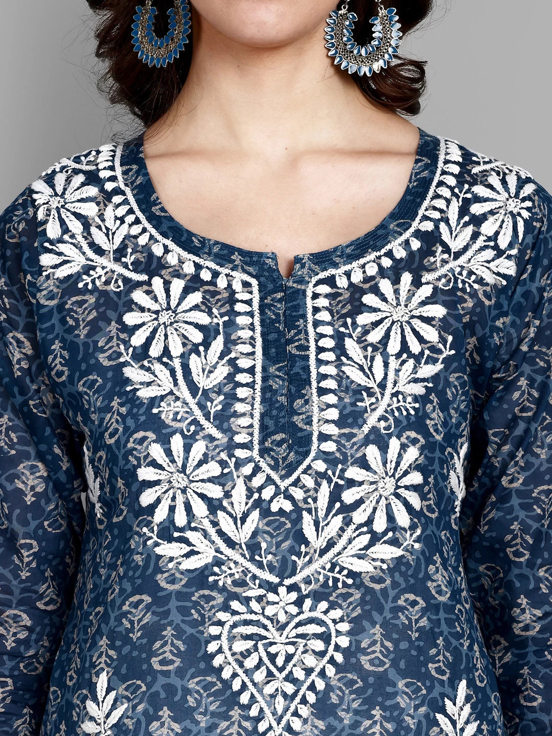 Ada Hand Embroidered Indigo Blue Cotton Lucknowi Chikankari Straight Kurti A911379