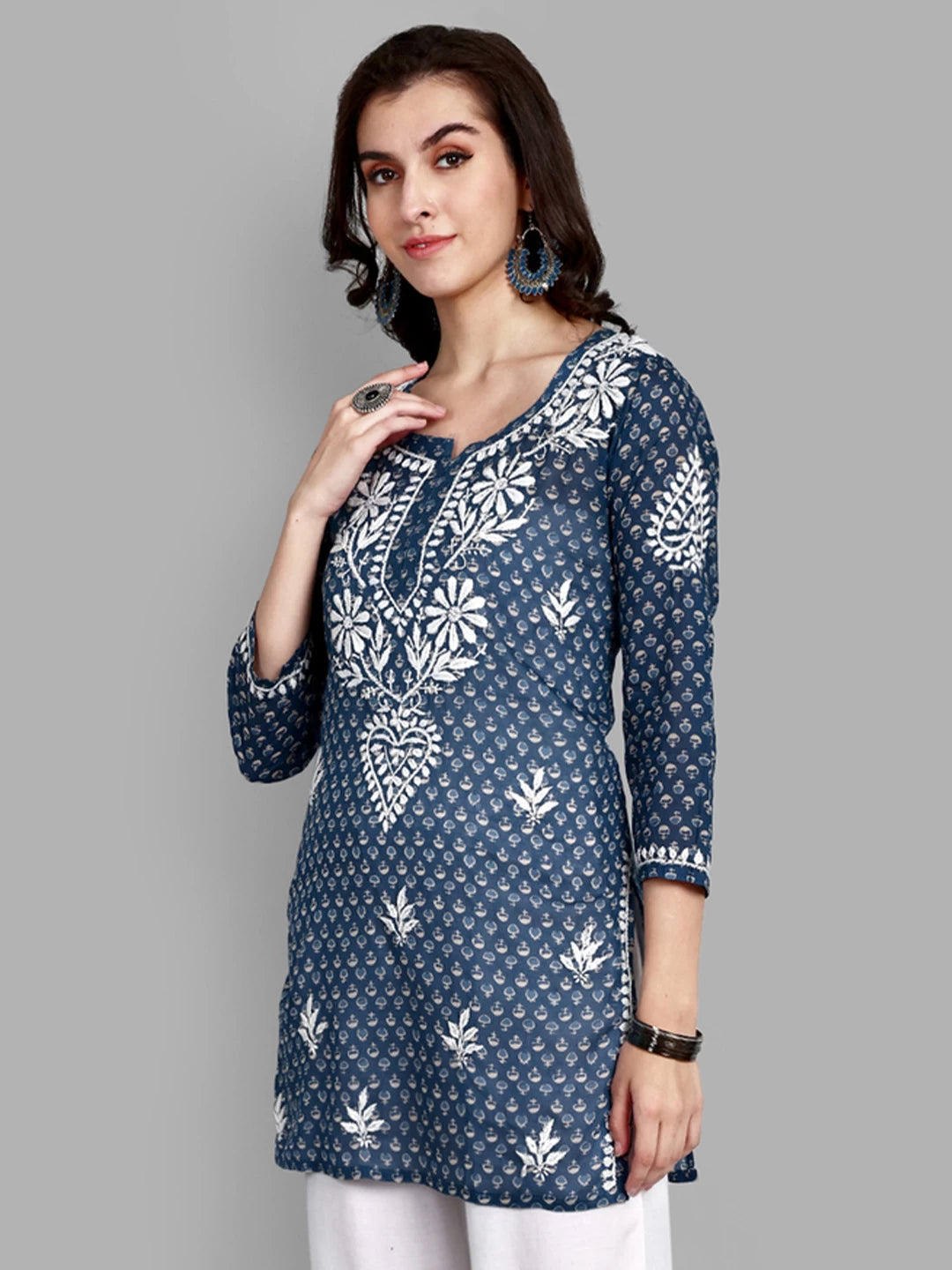 Ada Hand Embroidered Navy Blue Cotton Lucknowi Chikankari Straight Kurti A911380