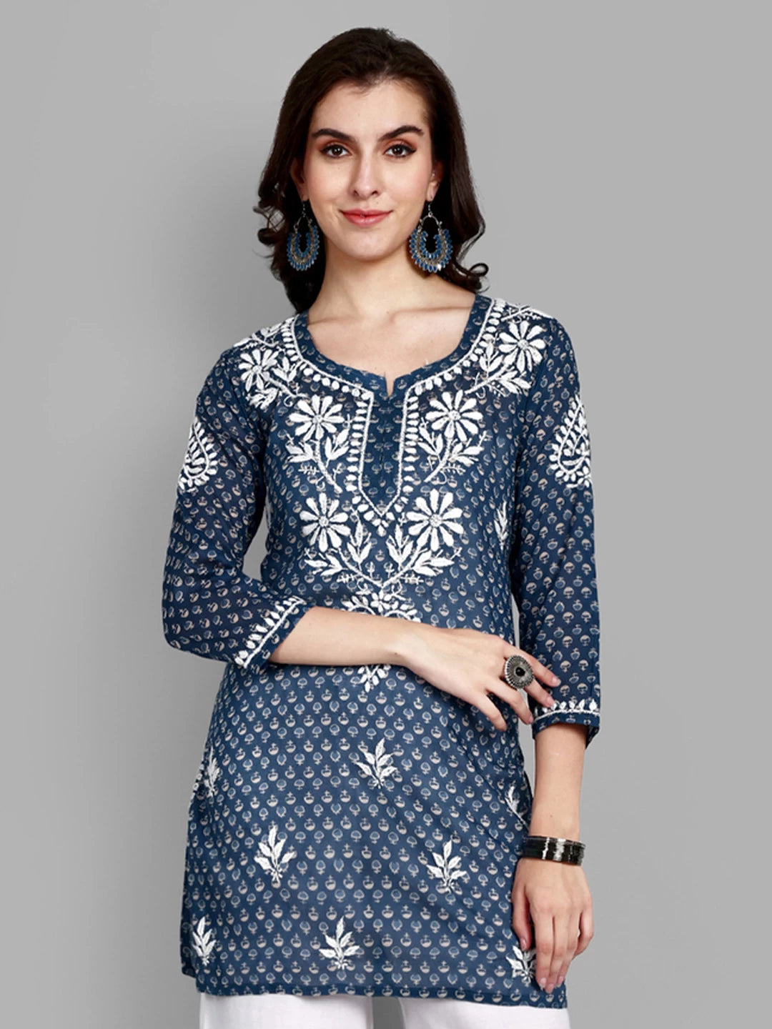 Ada Hand Embroidered Navy Blue Cotton Lucknowi Chikankari Straight Kurti A911380
