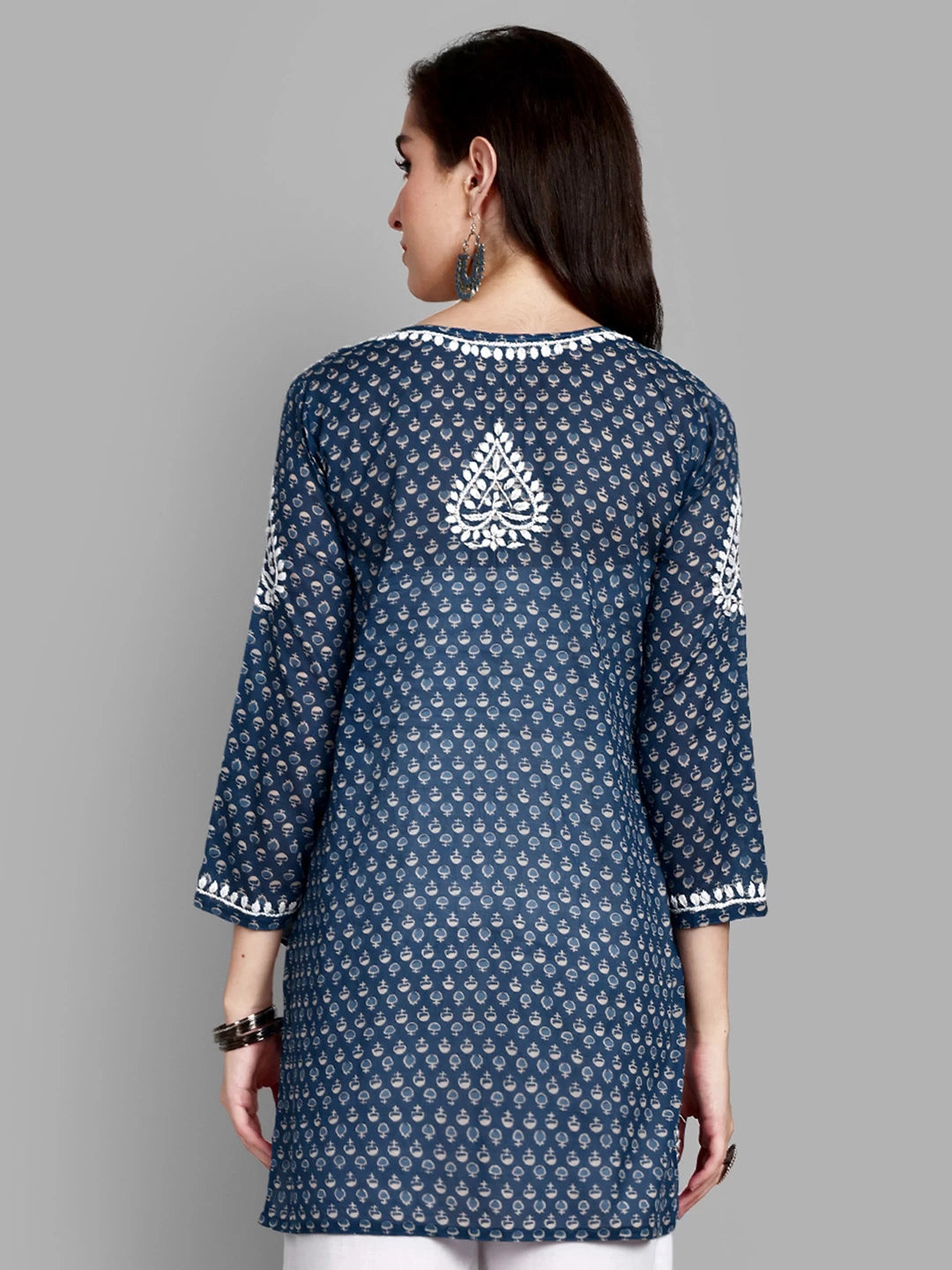 Ada Hand Embroidered Navy Blue Cotton Lucknowi Chikankari Straight Kurti A911380