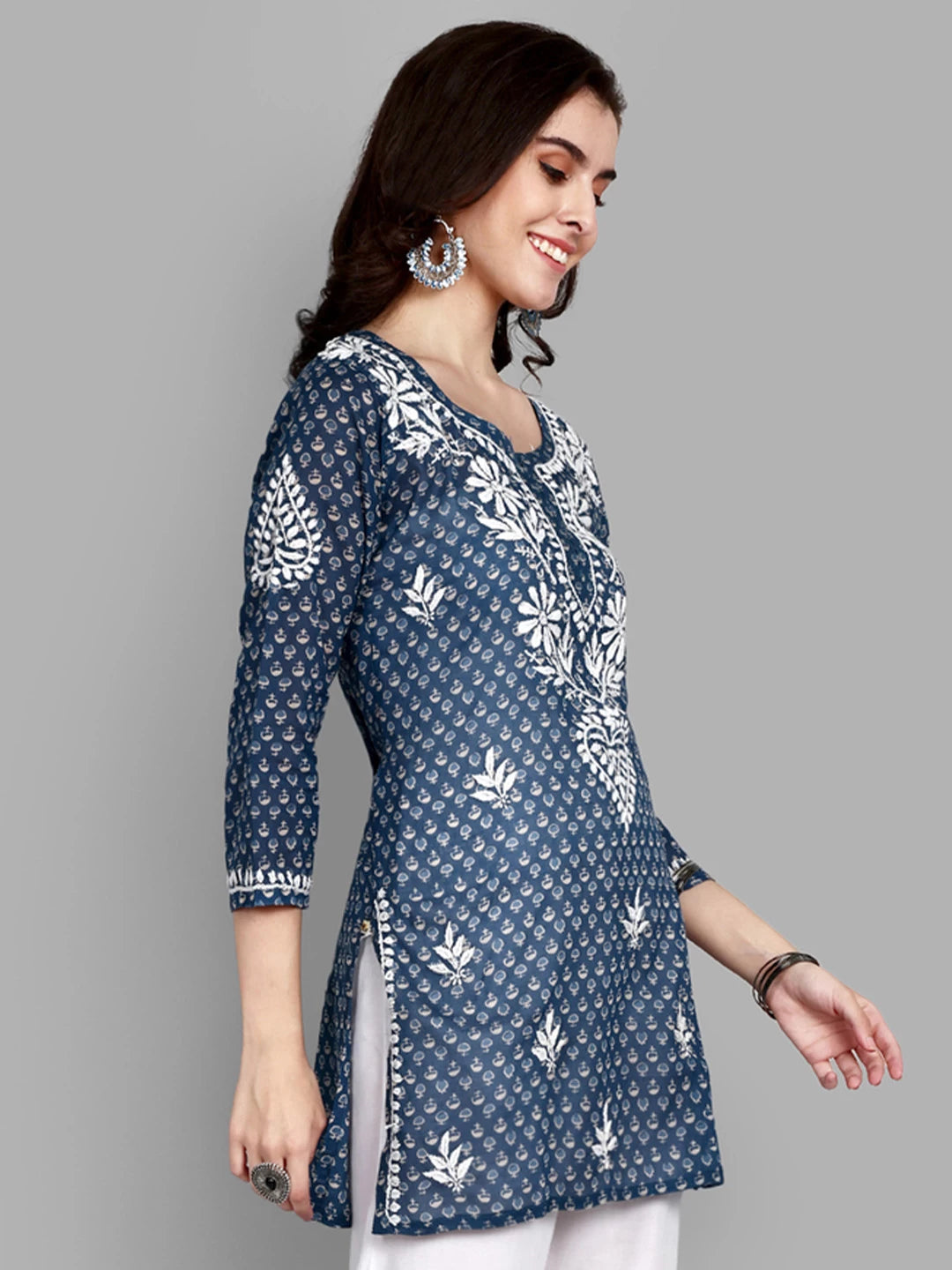 Ada Hand Embroidered Navy Blue Cotton Lucknowi Chikankari Straight Kurti A911380