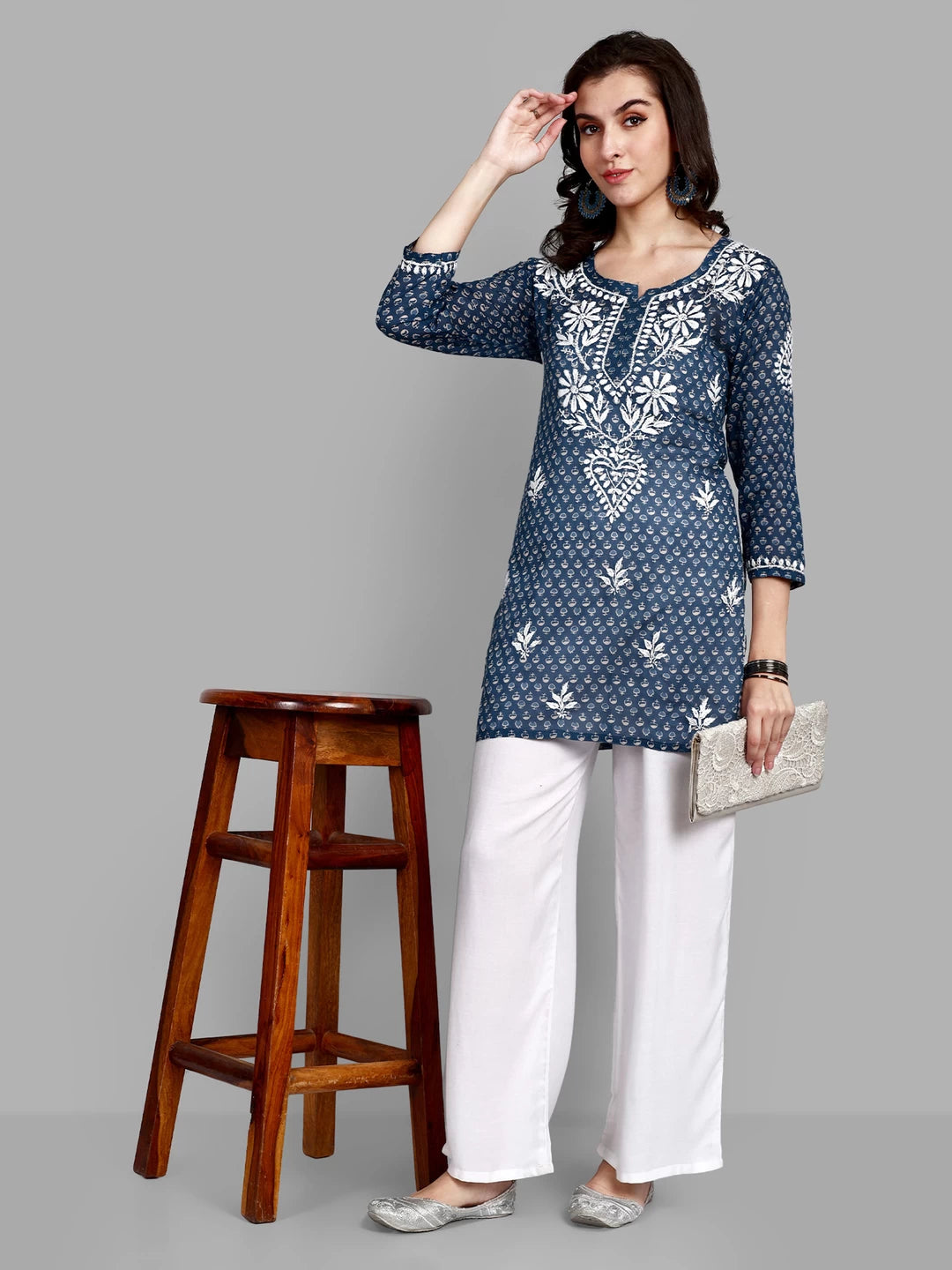 Ada Hand Embroidered Navy Blue Cotton Lucknowi Chikankari Straight Kurti A911380