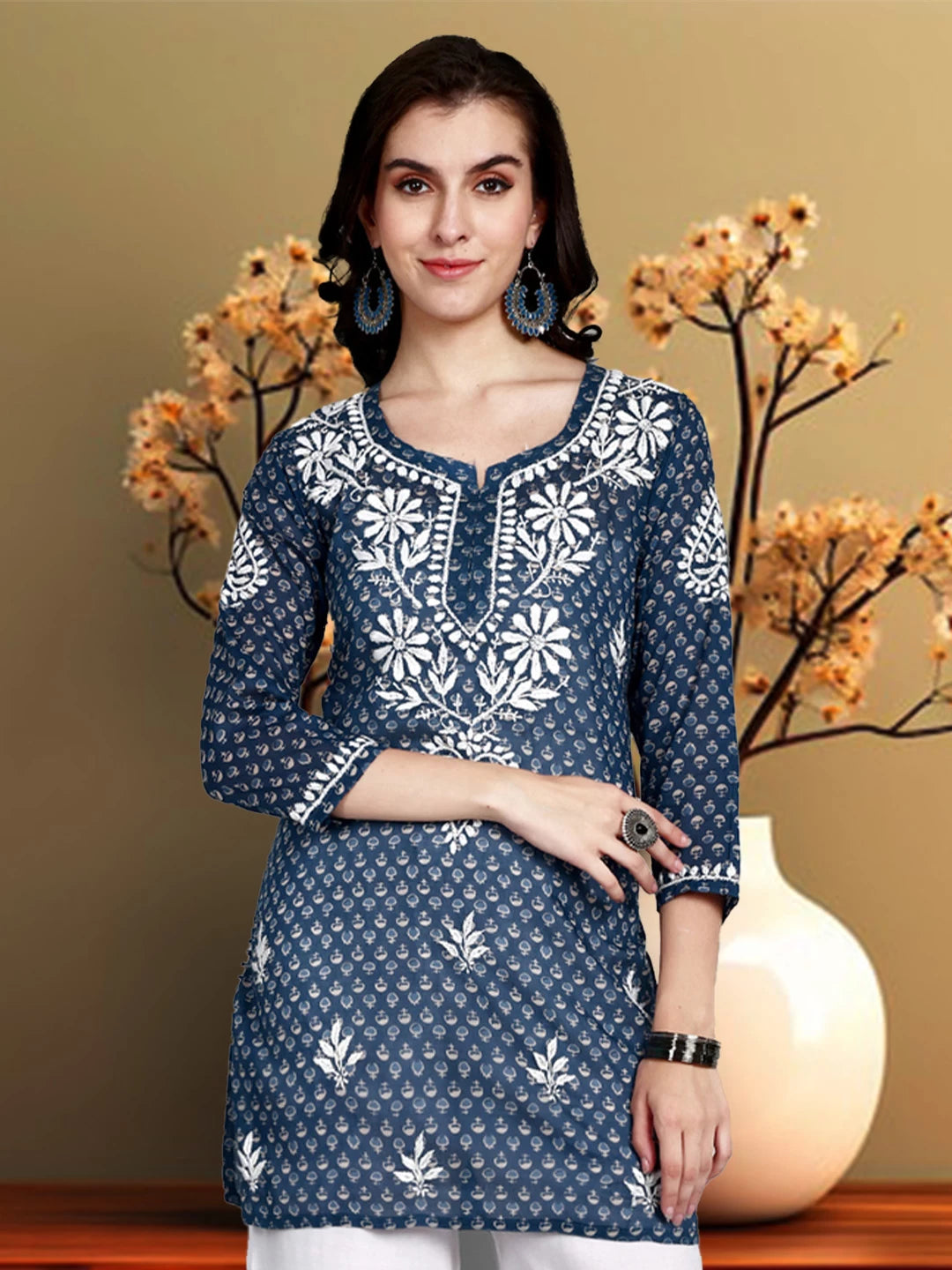 Ada Hand Embroidered Navy Blue Cotton Lucknowi Chikankari Straight Kurti A911380