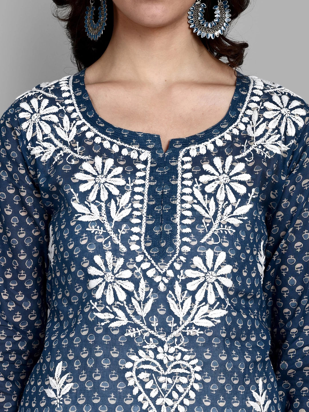 Ada Hand Embroidered Navy Blue Cotton Lucknowi Chikankari Straight Kurti A911380