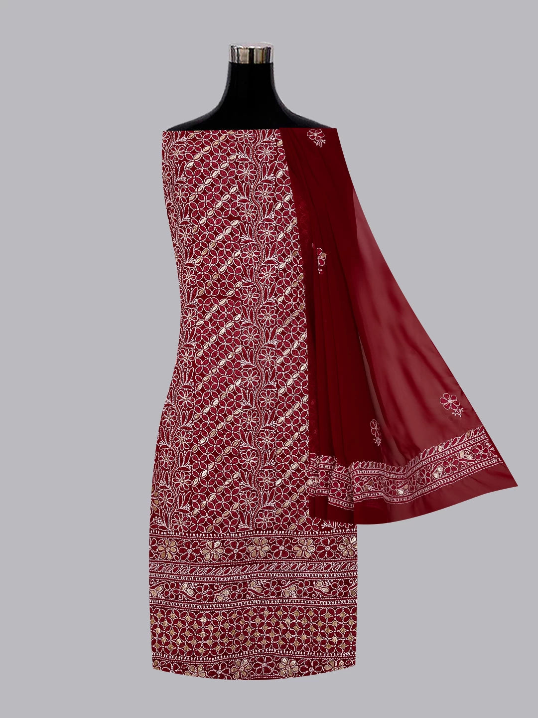Ada Hand Embroidered Maroon Georgette Lucknowi Chikankari Unstitched Suit Piece With Gotapatti Work 01A391219