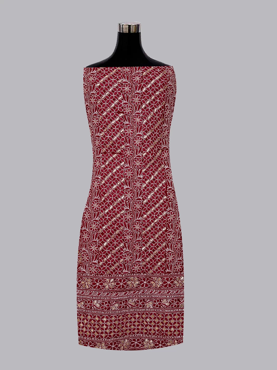 Ada Hand Embroidered Maroon Georgette Lucknowi Chikankari Unstitched Suit Piece With Gotapatti Work 01A391219