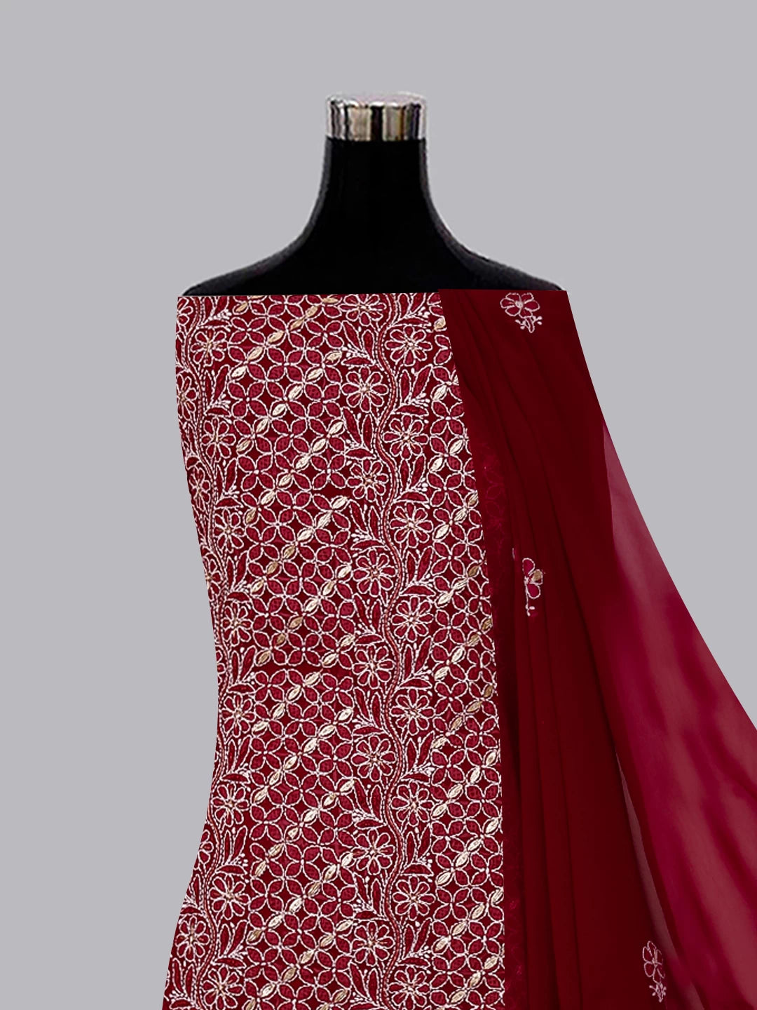Ada Hand Embroidered Maroon Georgette Lucknowi Chikankari Unstitched Suit Piece With Gotapatti Work 01A391219