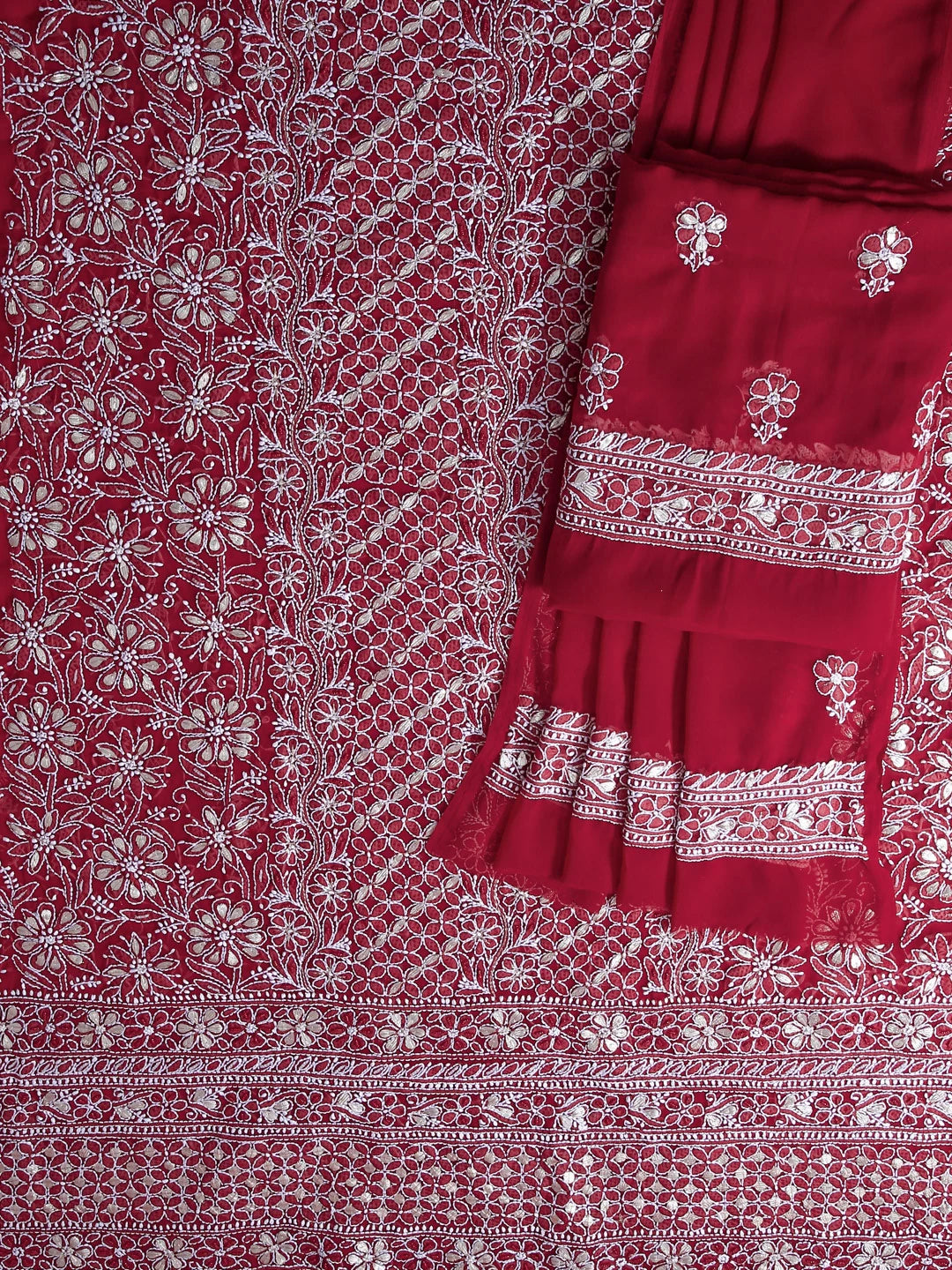 Ada Hand Embroidered Maroon Georgette Lucknowi Chikankari Unstitched Suit Piece With Gotapatti Work 01A391219