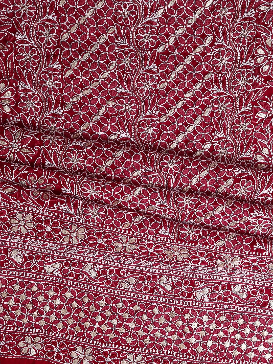 Ada Hand Embroidered Maroon Georgette Lucknowi Chikankari Unstitched Suit Piece With Gotapatti Work 01A391219