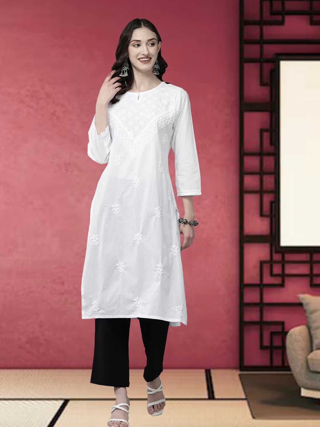 Ada Hand Embroidered White Cotton Lucknowi Chikankari Straight Kurta A411469