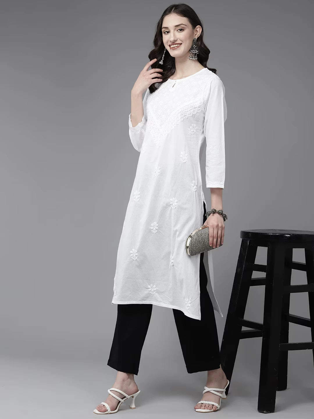 Ada Hand Embroidered White Cotton Lucknowi Chikankari Straight Kurta A411469