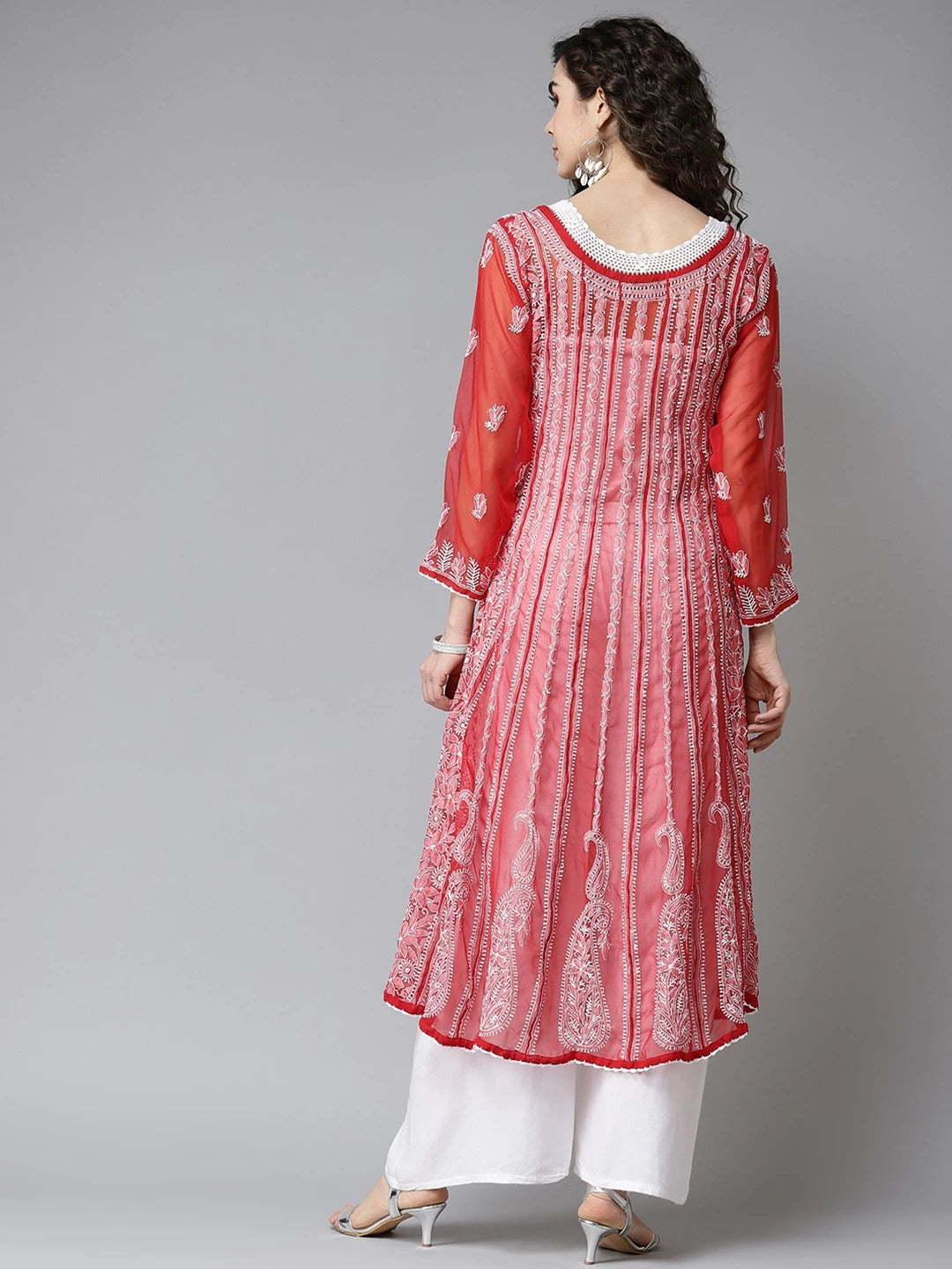 Ada Hand Embroidered Red Georgette Lucknow Chikankari Anarkali A-Line Kurta A411203