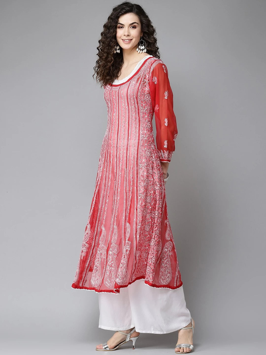 Ada Hand Embroidered Red Georgette Lucknow Chikankari Anarkali A-Line Kurta A411203