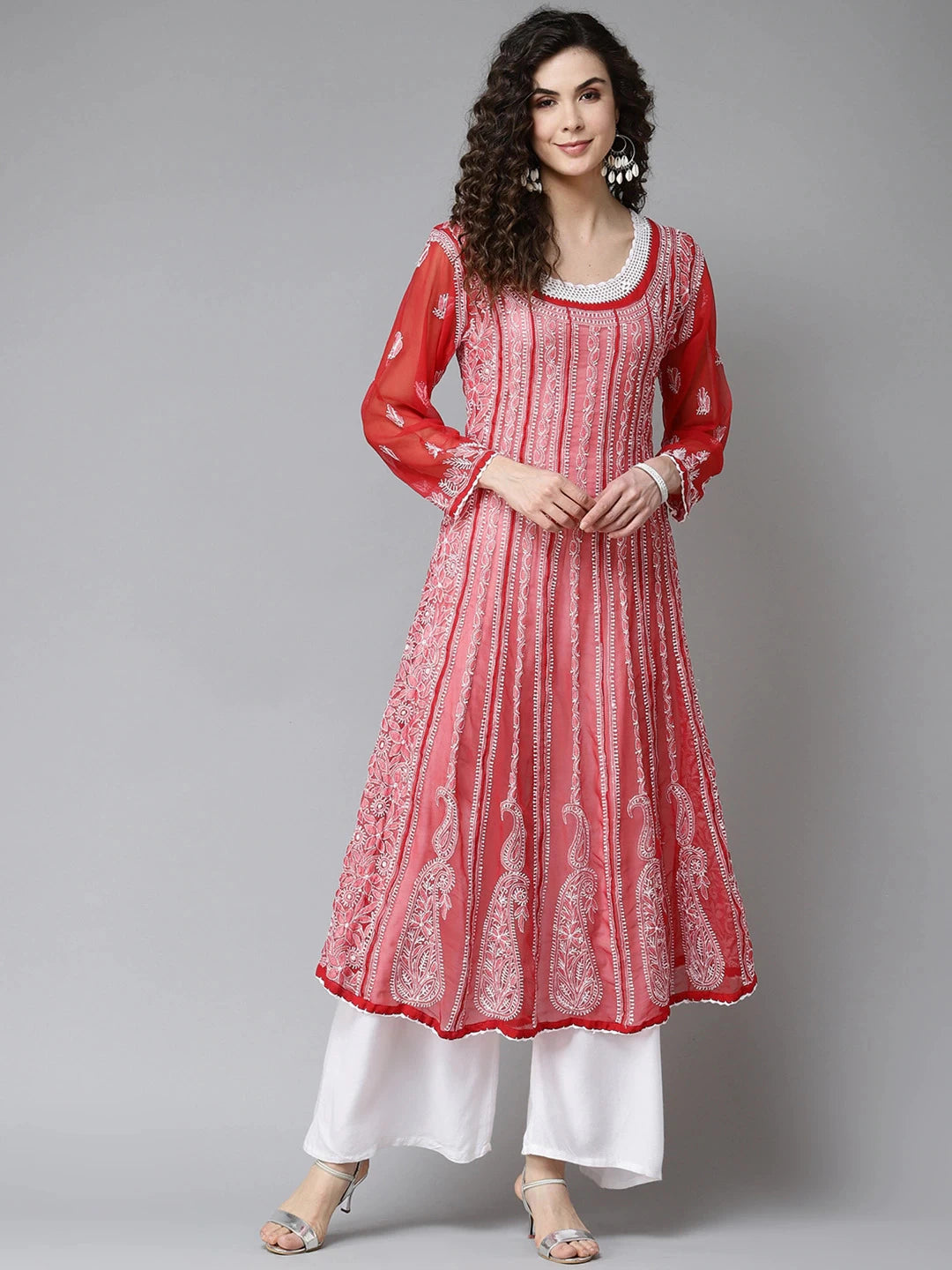 Ada Hand Embroidered Red Georgette Lucknow Chikankari Anarkali A-Line Kurta A411203