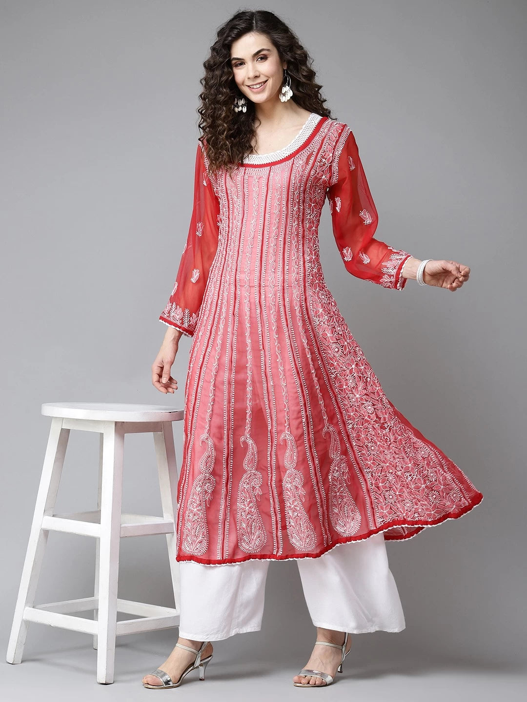 Ada Hand Embroidered Red Georgette Lucknow Chikankari Anarkali A-Line Kurta A411203