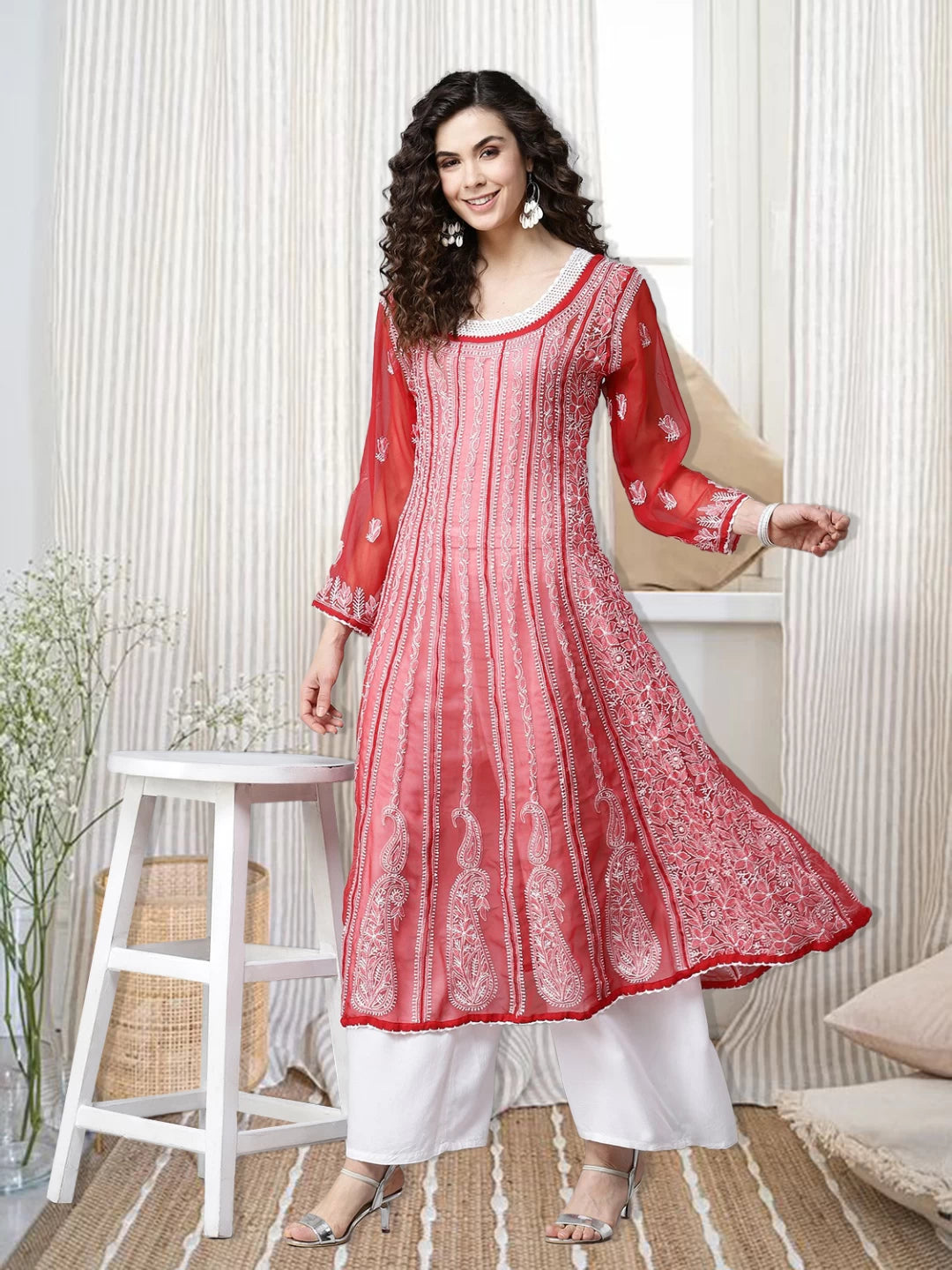 Ada Hand Embroidered Red Georgette Lucknow Chikankari Anarkali A-Line Kurta A411203