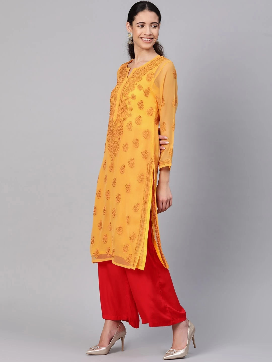 Ada Hand Embroidered Mustard Georgette Lucknowi Chikankari Straight Kurta With Slip A100371
