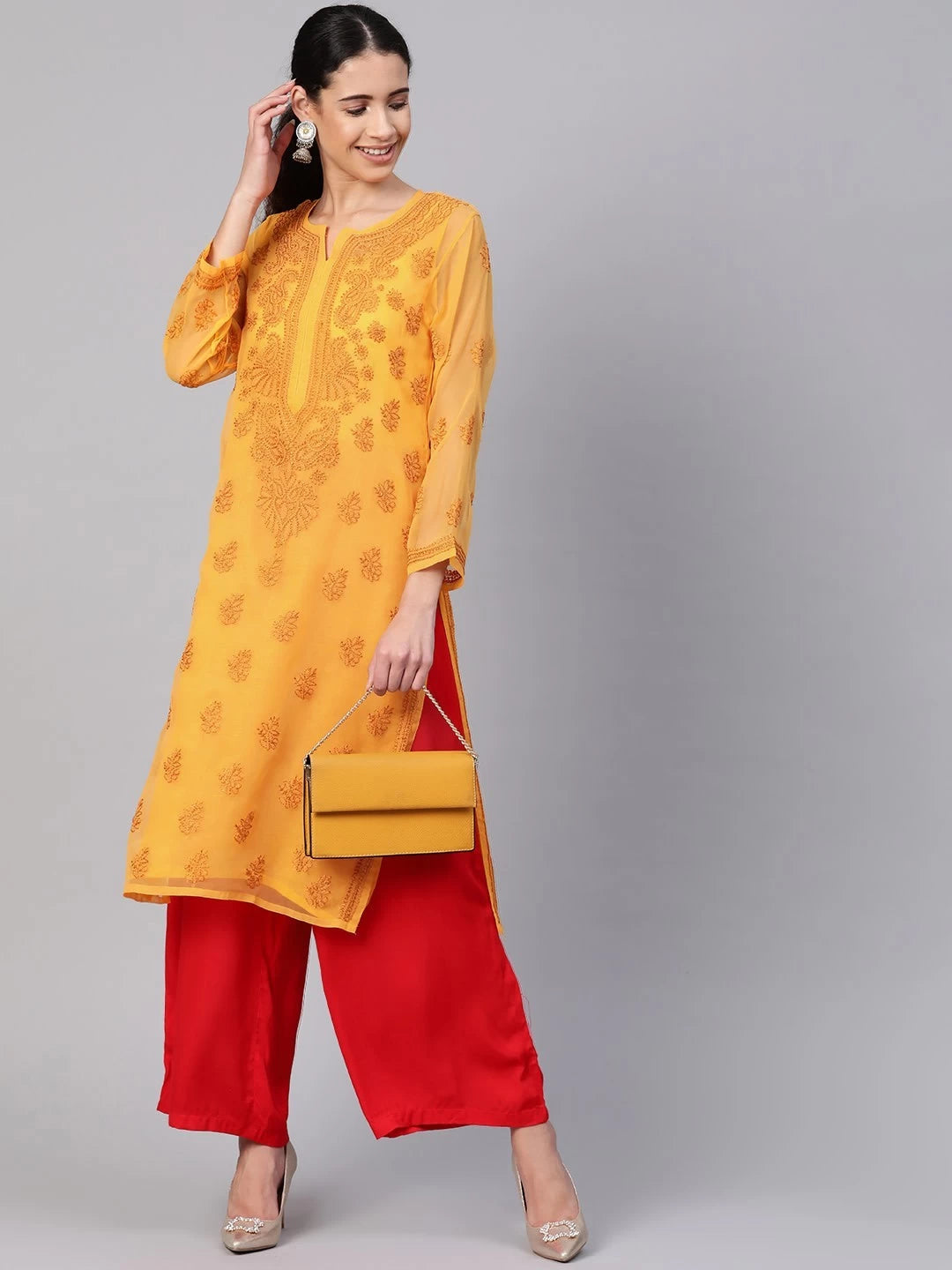 Ada Hand Embroidered Mustard Georgette Lucknowi Chikankari Straight Kurta With Slip A100371