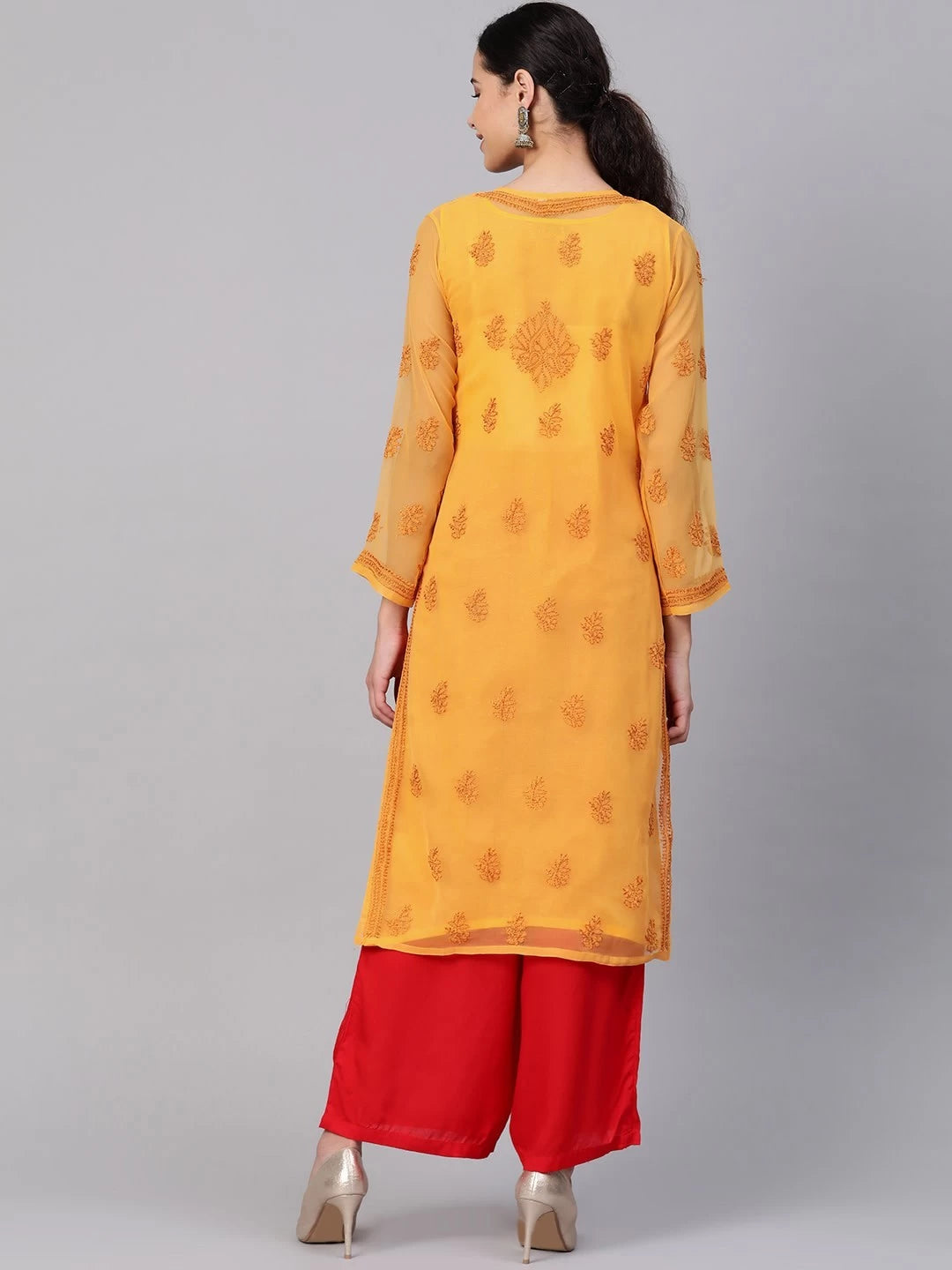 Ada Hand Embroidered Mustard Georgette Lucknowi Chikankari Straight Kurta With Slip A100371