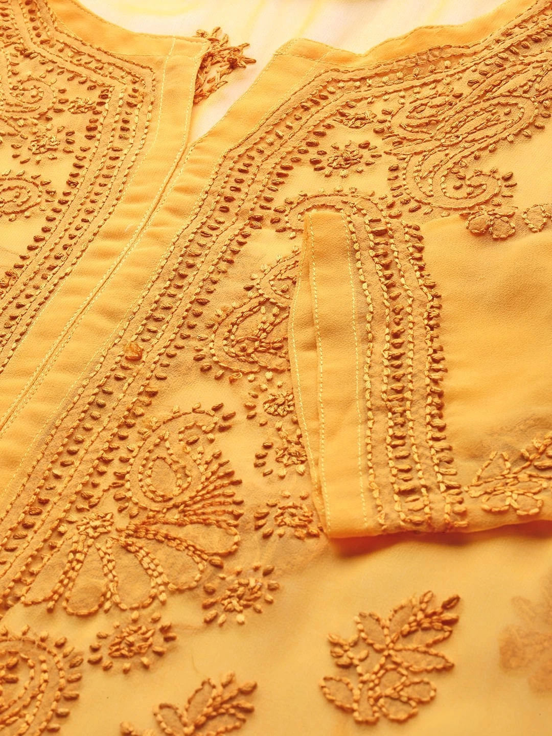 Ada Hand Embroidered Mustard Georgette Lucknowi Chikankari Straight Kurta With Slip A100371