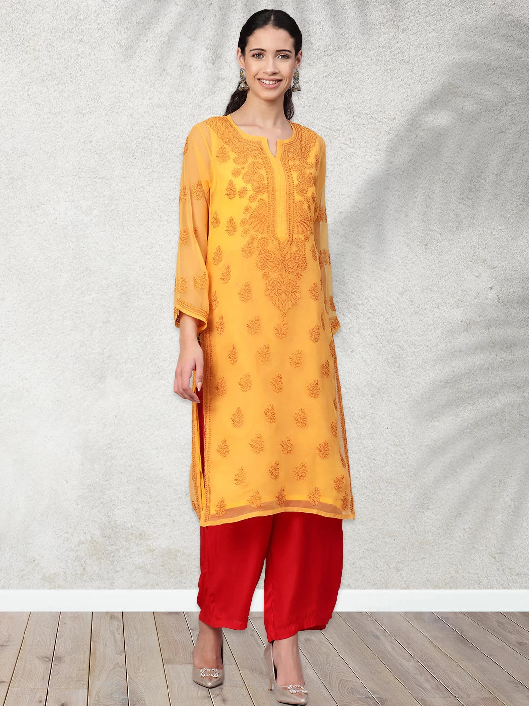 Ada Hand Embroidered Mustard Georgette Lucknowi Chikankari Straight Kurta With Slip A100371