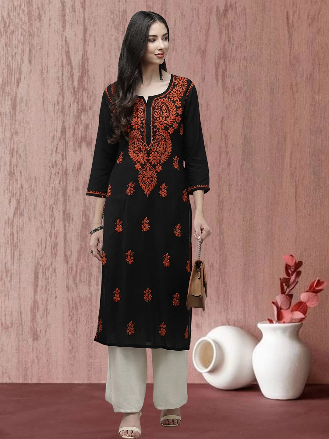 Ada Hand Embroidered Black Cotton Lucknowi Chikankari Straight Kurta A411277