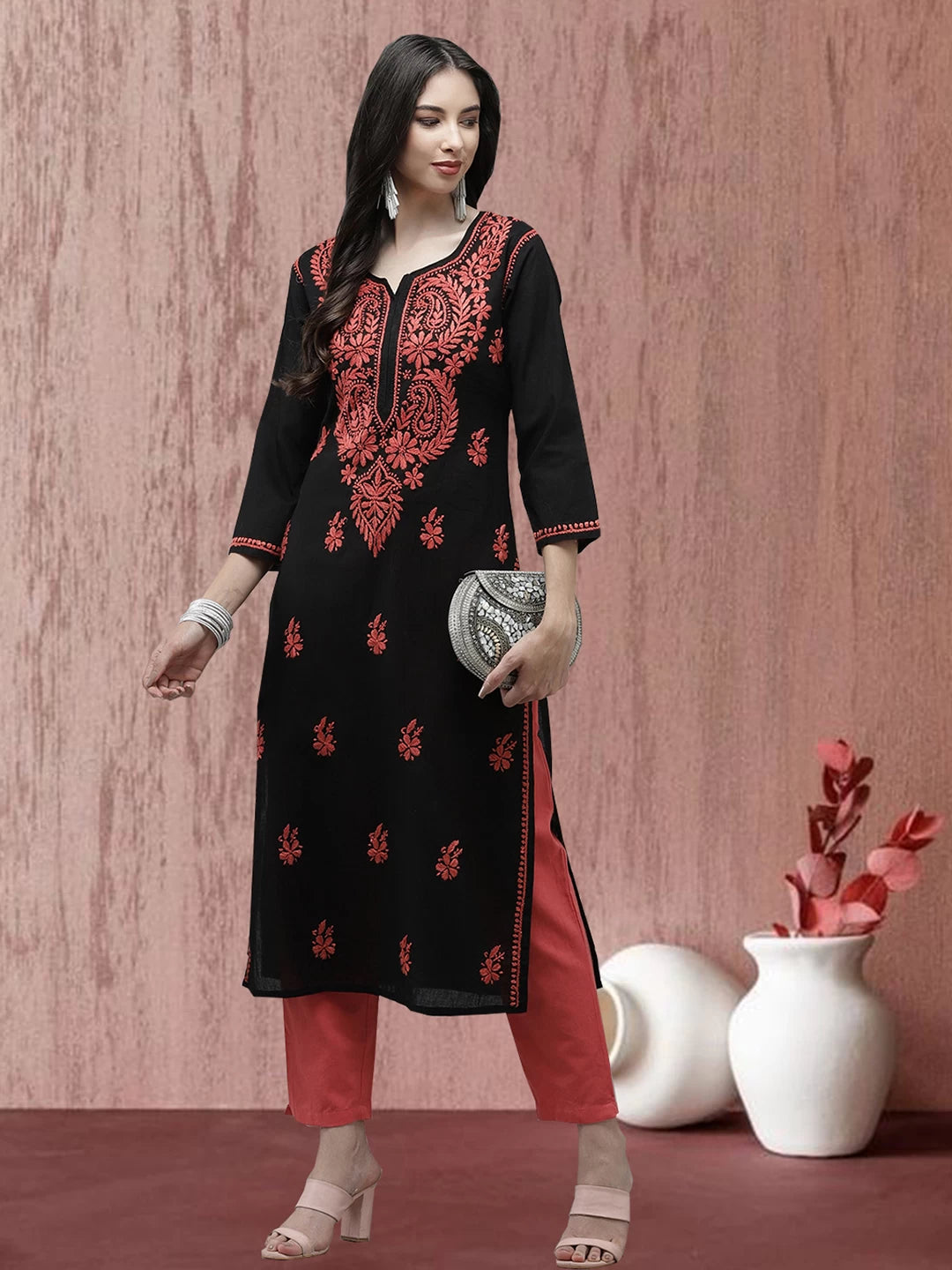 Ada Hand Embroidered Black Cotton Lucknow Chikankari Kurta A411278
