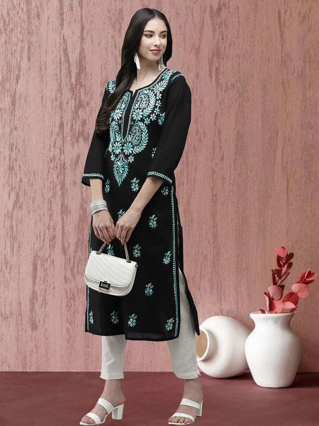 Ada Hand Embroidered Black Cotton Lucknow Chikankari Kurta A411279