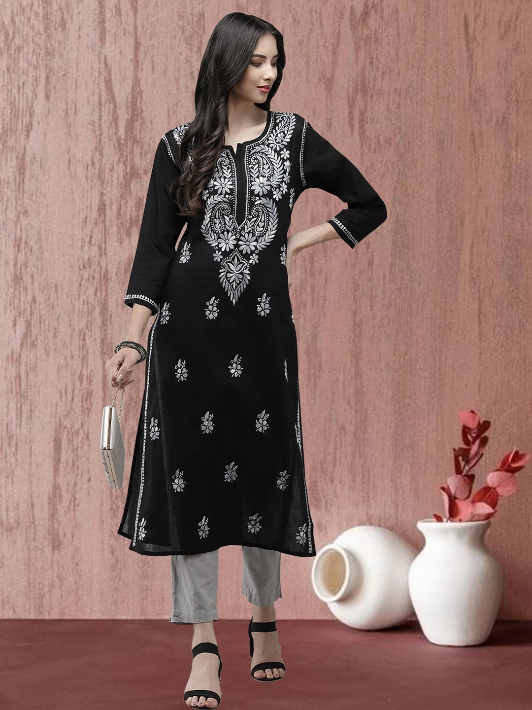 Ada Hand Embroidered Black Cotton Lucknow Chikankari Straight Kurta A411280