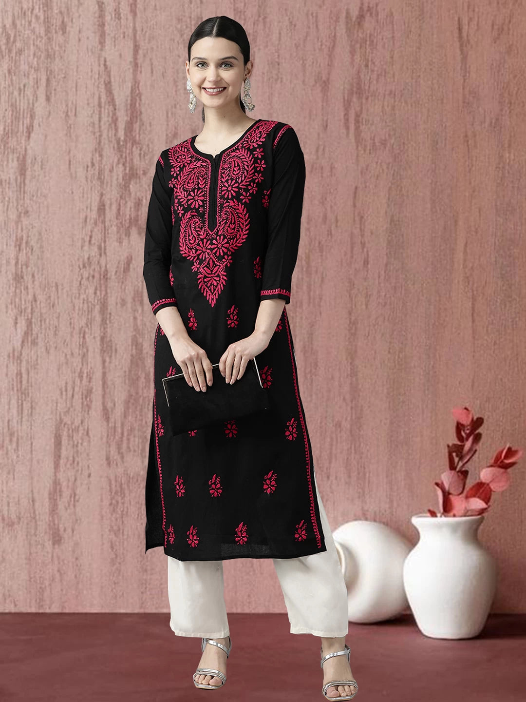Ada Hand Embroidered Black Cotton Lucknow Chikankari Straight Kurta A411404