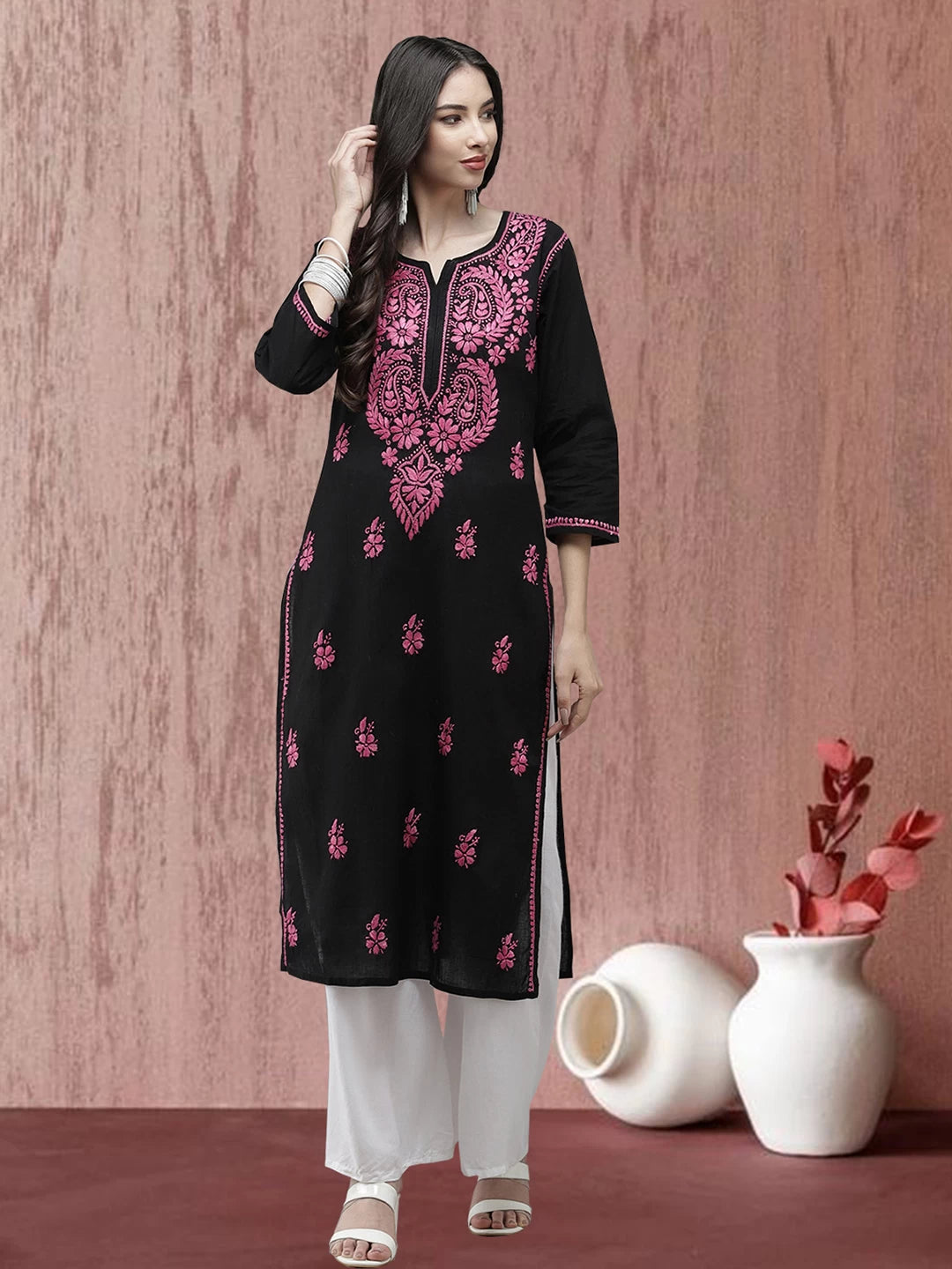 Ada Hand Embroidered Black Cotton Lucknow Chikankari Straight Kurta A411542