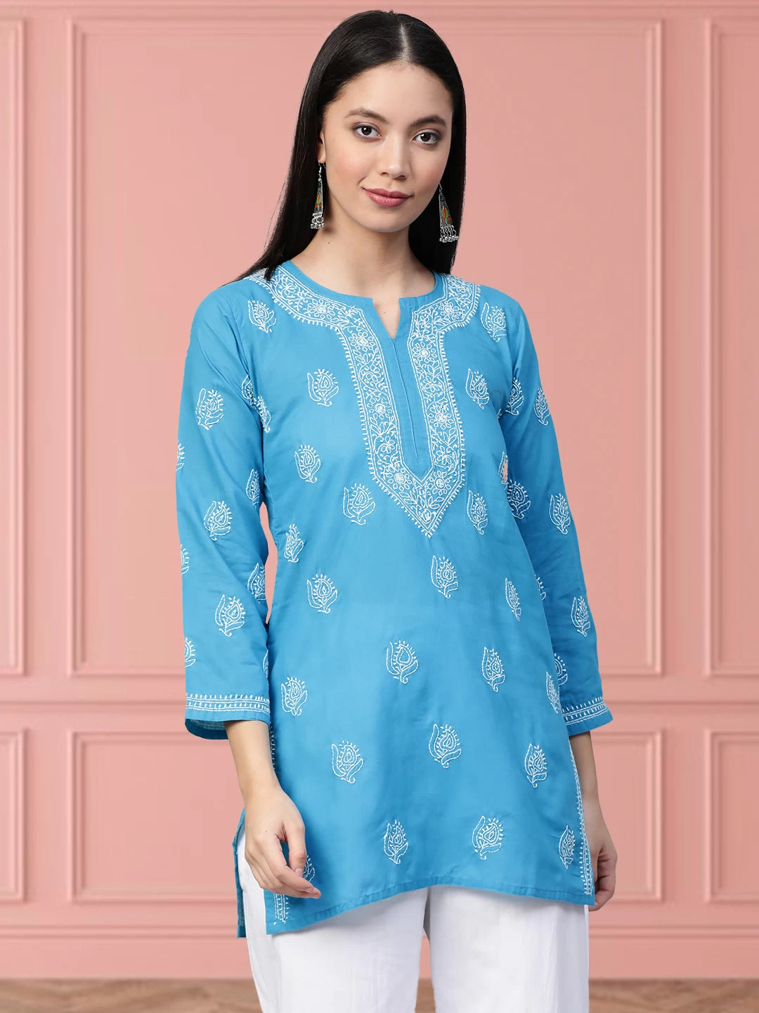 Ada Hand Embroidered Azure Blue Cotton Lucknowi Chikankari Short Kurti A210673