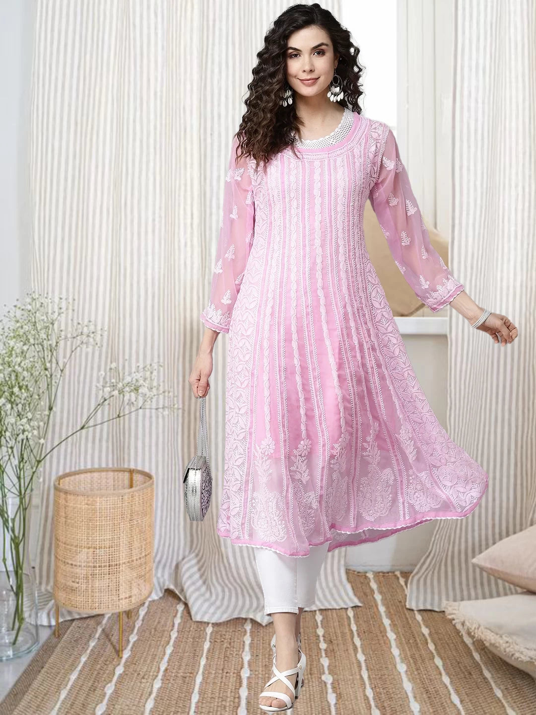 Ada Hand Embroidered Pink Georgette Lucknowi Chikankari Anarkali A-line Kurta A411206
