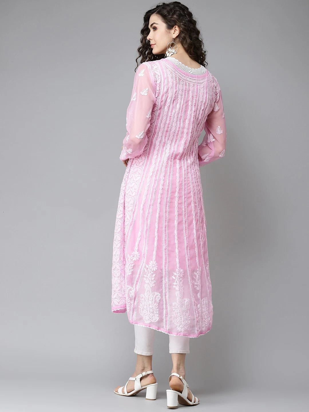 Ada Hand Embroidered Pink Georgette Lucknowi Chikankari Anarkali A-line Kurta A411206