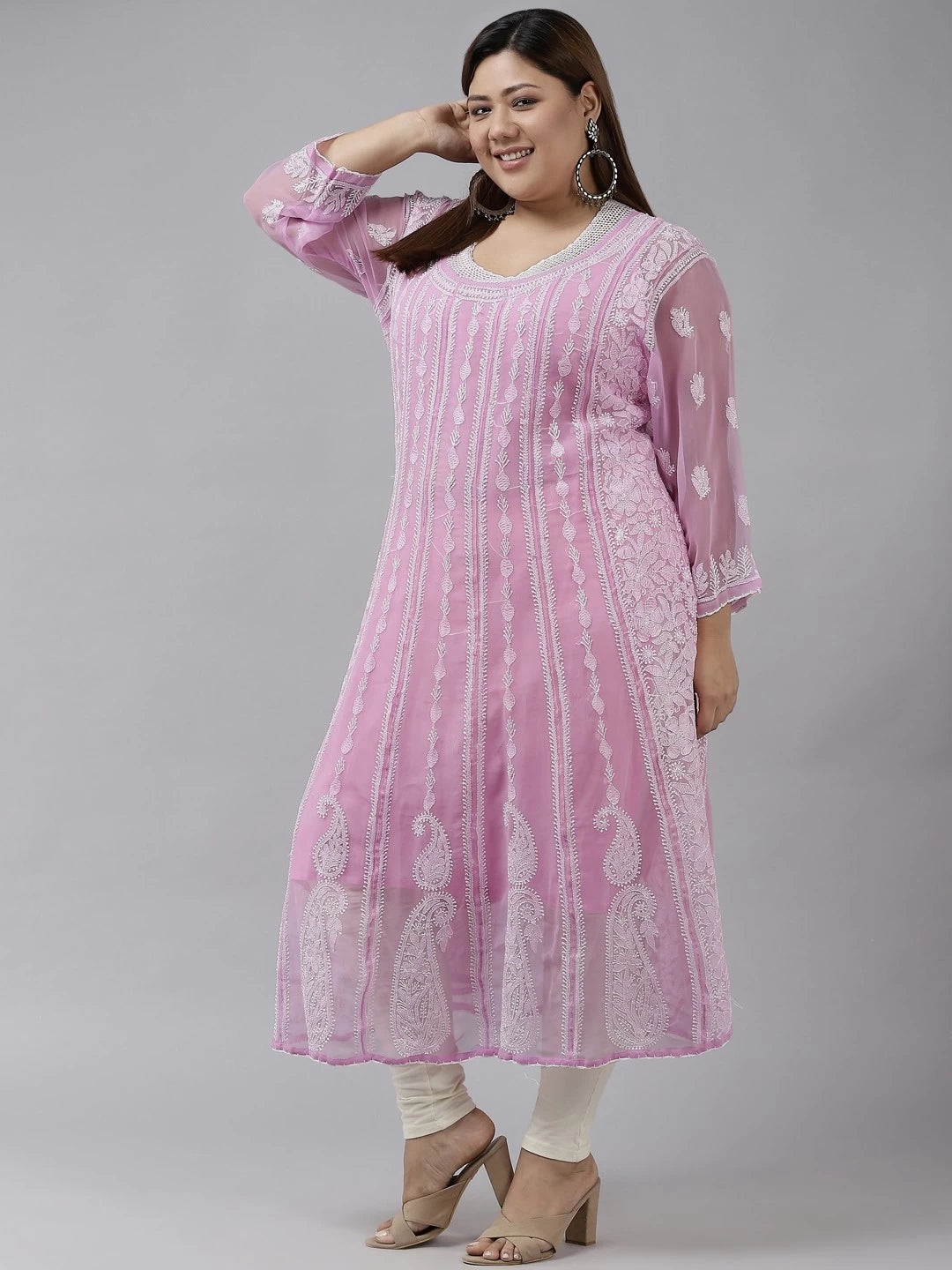 Ada Hand Embroidered Pink Georgette Lucknowi Chikankari Anarkali A-line Kurta A411206
