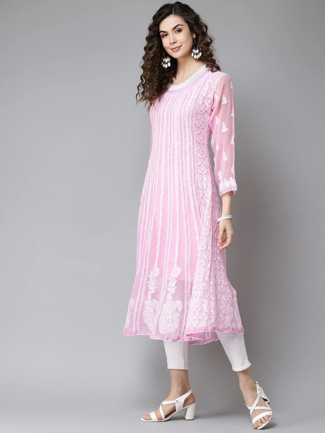 Ada Hand Embroidered Pink Georgette Lucknowi Chikankari Anarkali A-line Kurta A411206