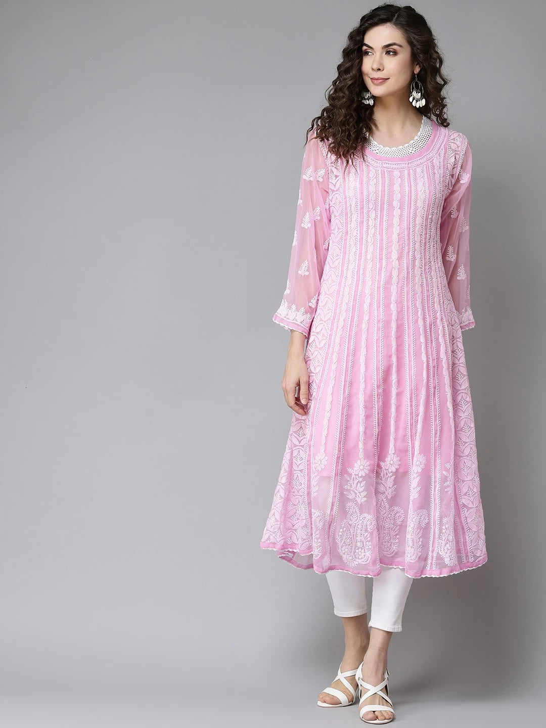 Ada Hand Embroidered Pink Georgette Lucknowi Chikankari Anarkali A-line Kurta A411206