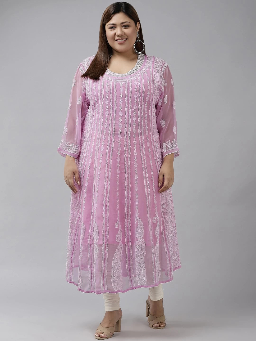 Ada Hand Embroidered Pink Georgette Lucknowi Chikankari Anarkali A-line Kurta A411206